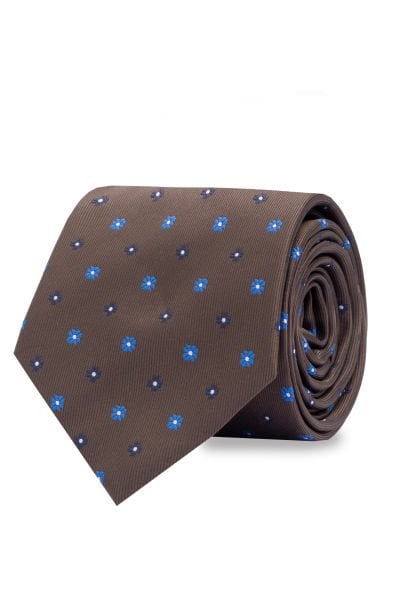 Microfiber Kahverengi Mini Çiçek Desen Kravat