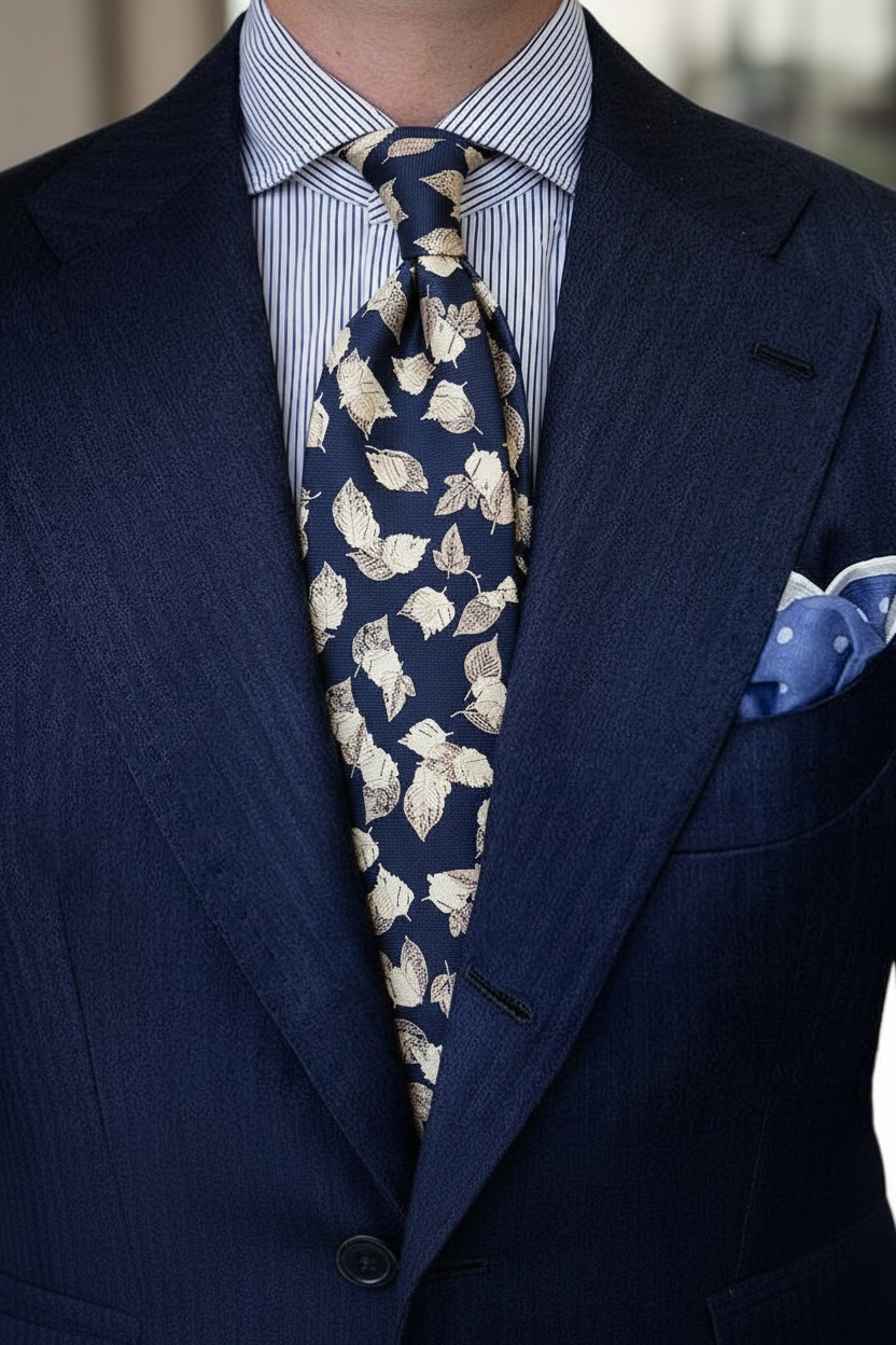 Pamuk Lacivert Yaprak Figür Kravat