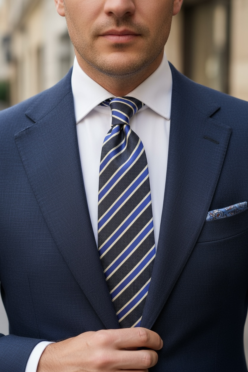 Klasik Lacivert Çizgili Desen İpek Kravat