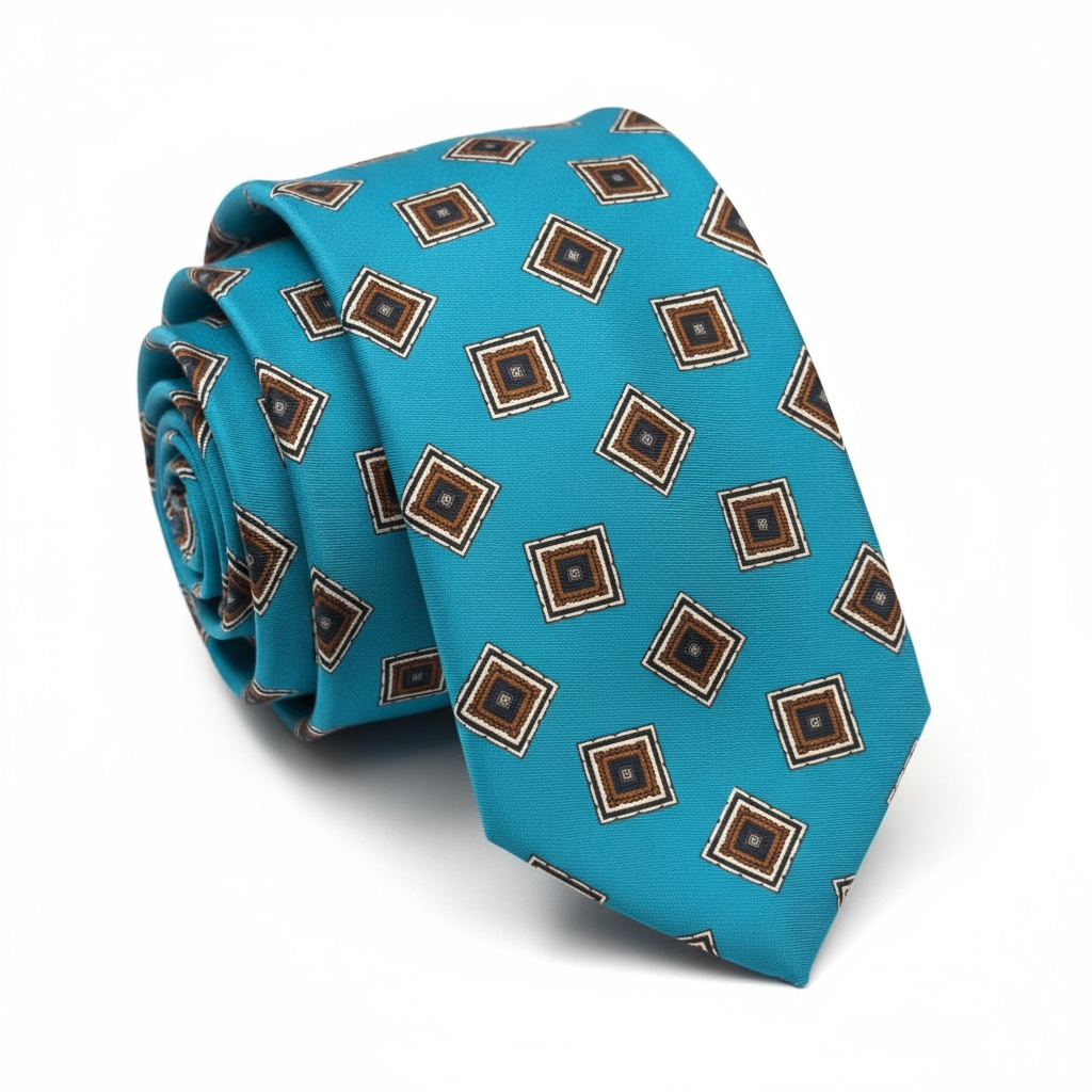 İtalyan Serigrafi Baskı Buz Mavisi  İpek Kravat