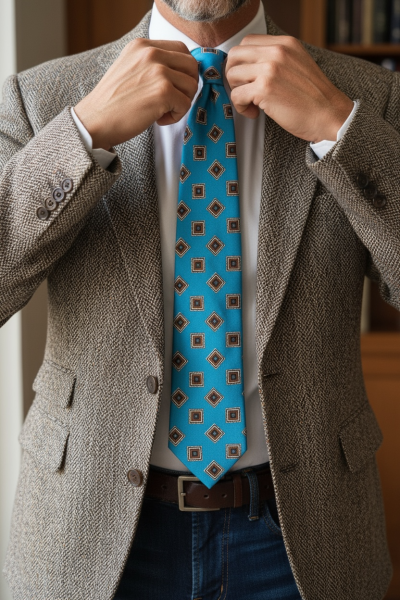 İtalyan Serigrafi Baskı Buz Mavisi  İpek Kravat