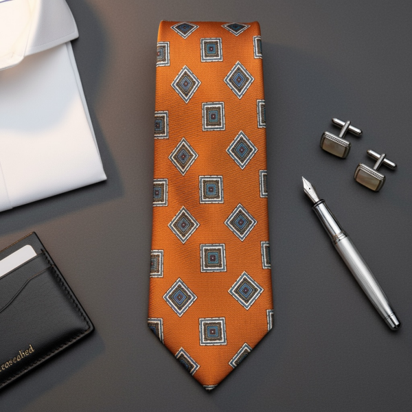 İtalyan Karo Desen Serigrafi Baskı Kahverengi İpek Kravat