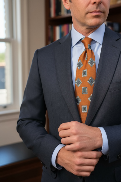 İtalyan Karo Desen Serigrafi Baskı Kahverengi İpek Kravat