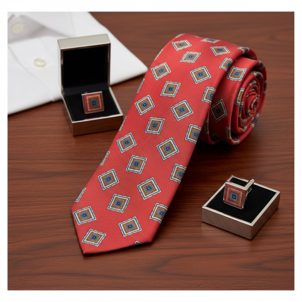 İtalyan Karo Desen Serigrafi Baskı Kırmızı İpek Kravat