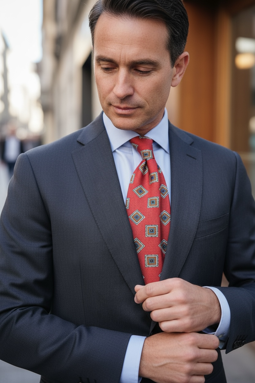 İtalyan Karo Desen Serigrafi Baskı Kırmızı İpek Kravat