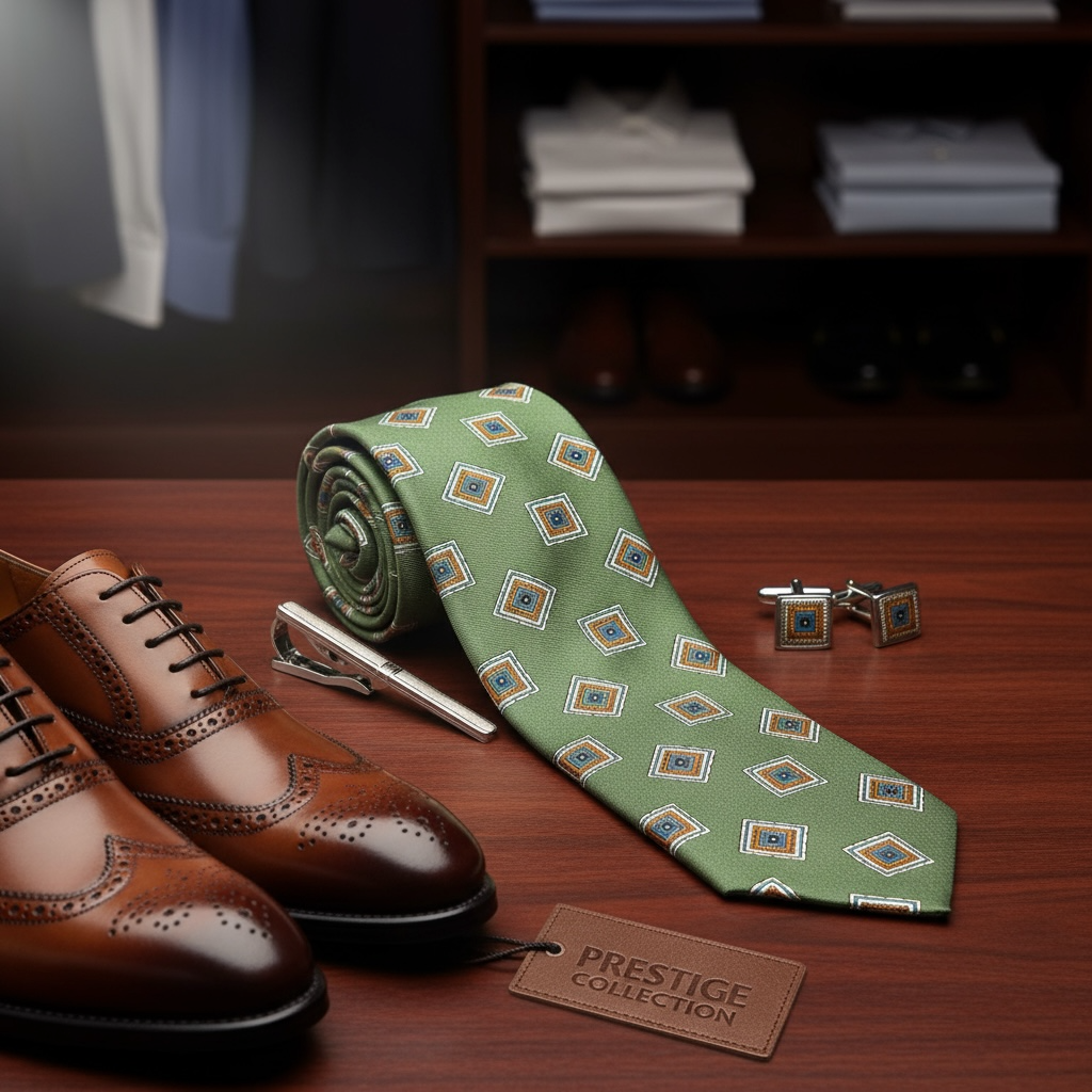 İtalyan Karo Desen Serigrafi Baskı Yeşil İpek Kravat