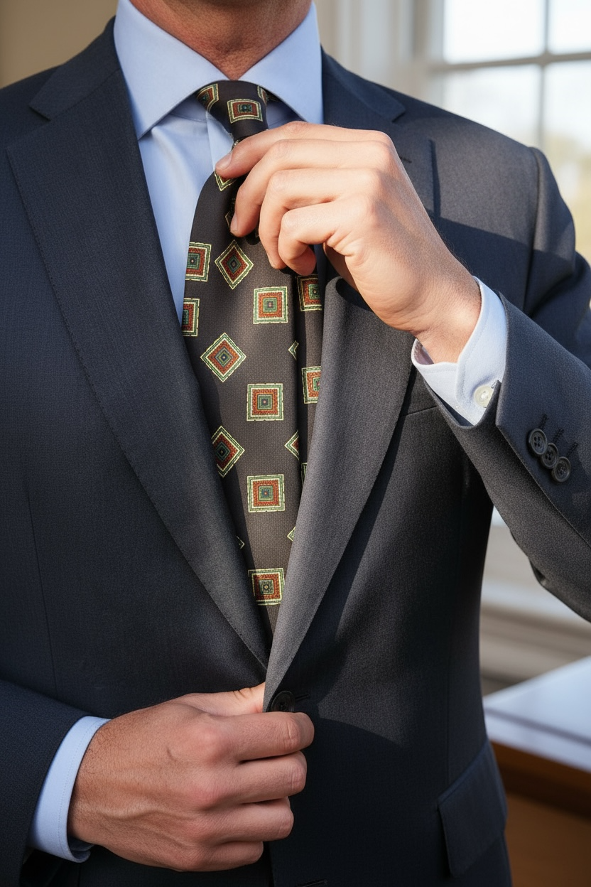 İtalyan Karo Desen Serigrafi Baskı Lacivert İpek Kravat