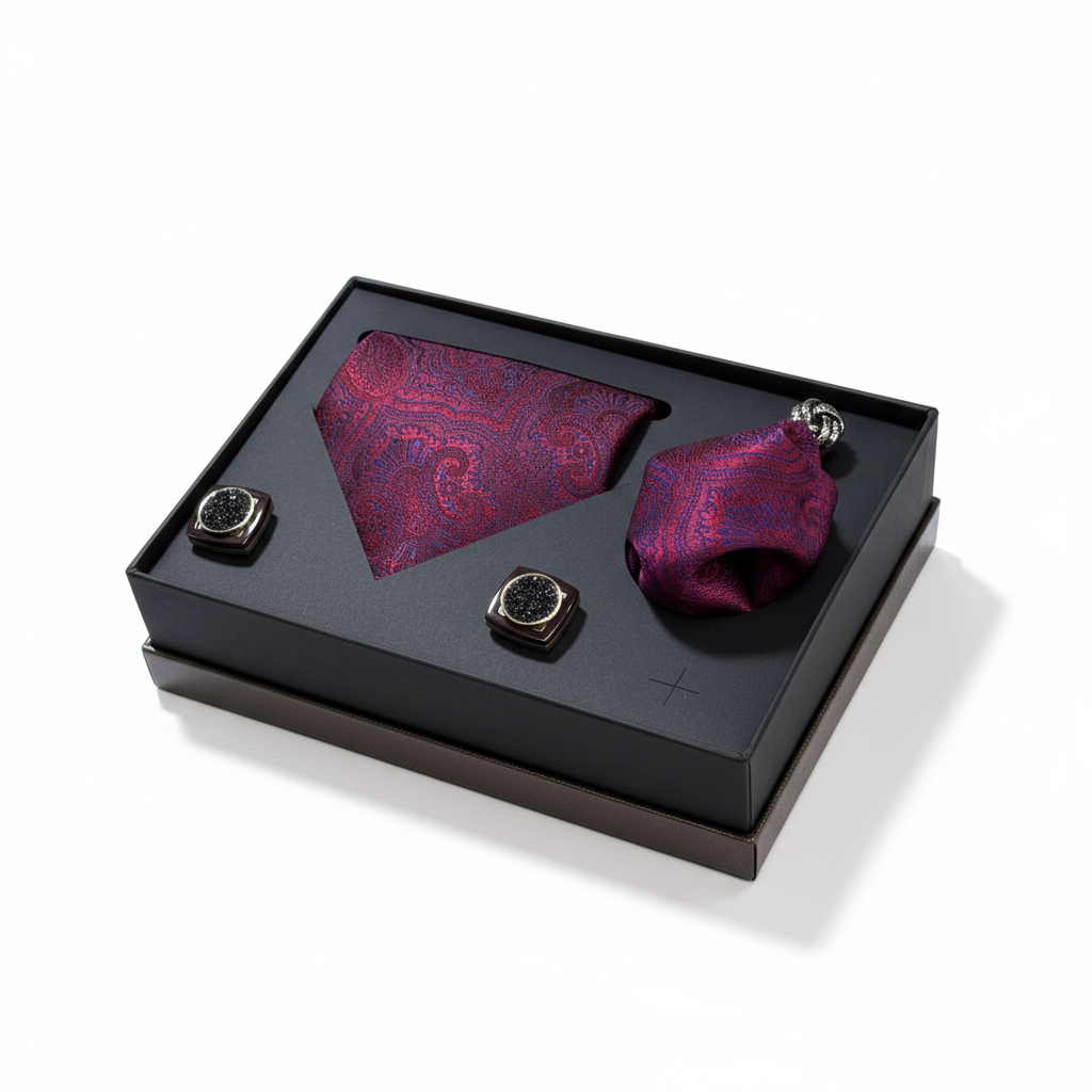Croate İtalyan Tasarım Kutulu Kol Düğmeli Kravat & Mendil Seti – Lüks