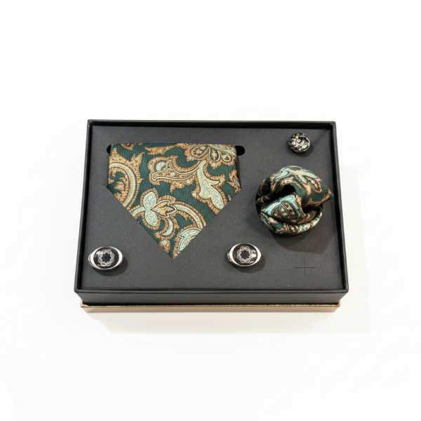 Croate İtalyan Tasarım Kutulu Kol Düğmeli Kravat & Mendil Seti – Lüks