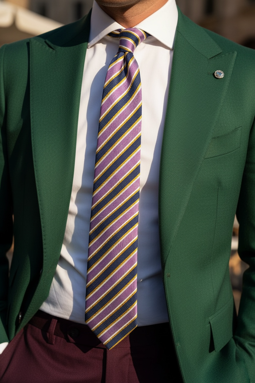 %100 İpek Lila Çizgili Desen Kravat | Özel Dokuma, İtalyan Stil