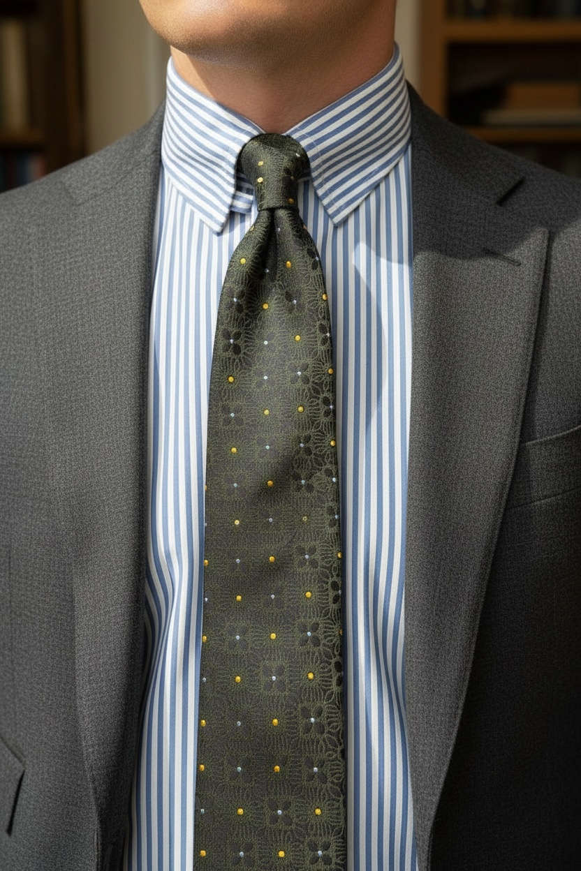 %100 İpek Haki Minimal Desen Kravat | Özel Dokuma, İtalyan Stil