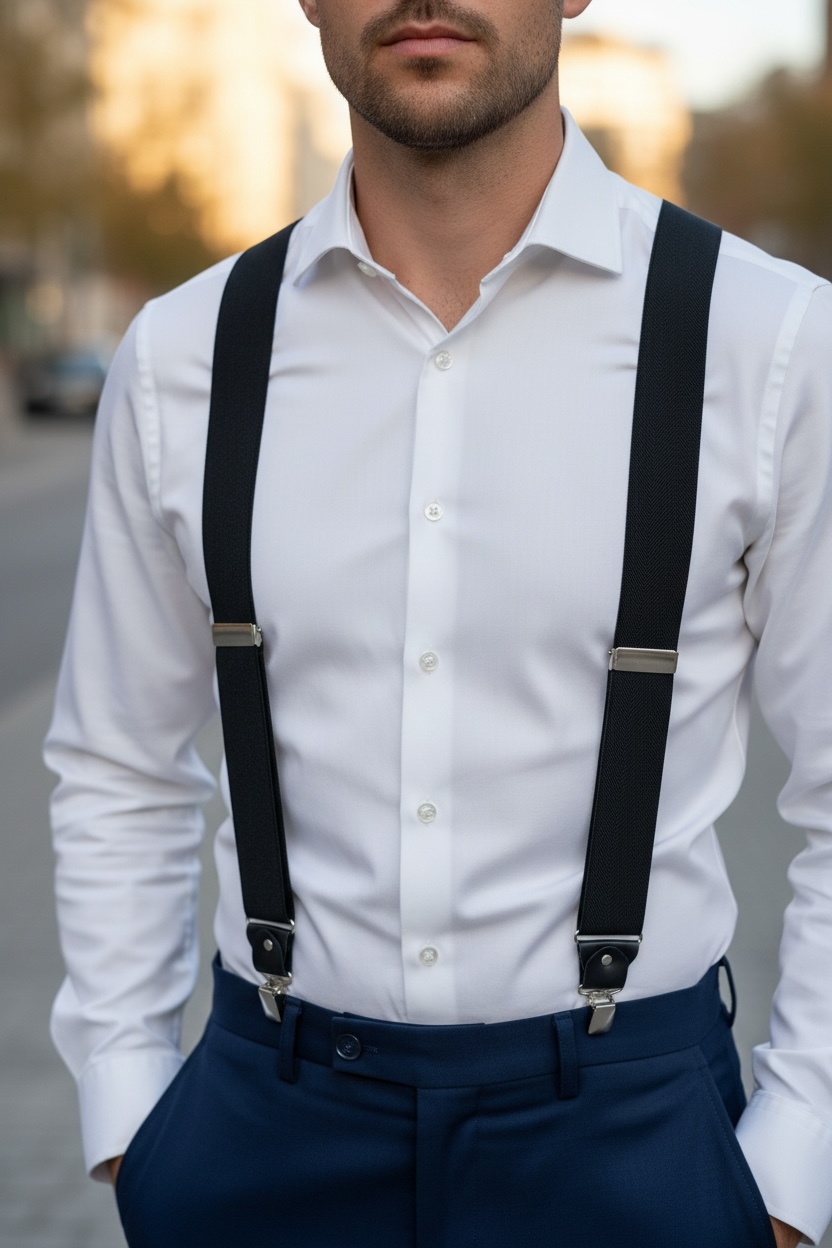 Siyah Askılı Kemer – Unisex, Ayarlanabilir, Deri Detaylı