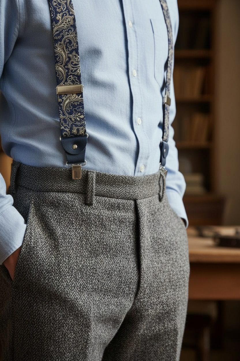 Şal Desen Kumas Detaylı Premium Kemer – Unisex, Ayarlanabilir, Deri Detaylı