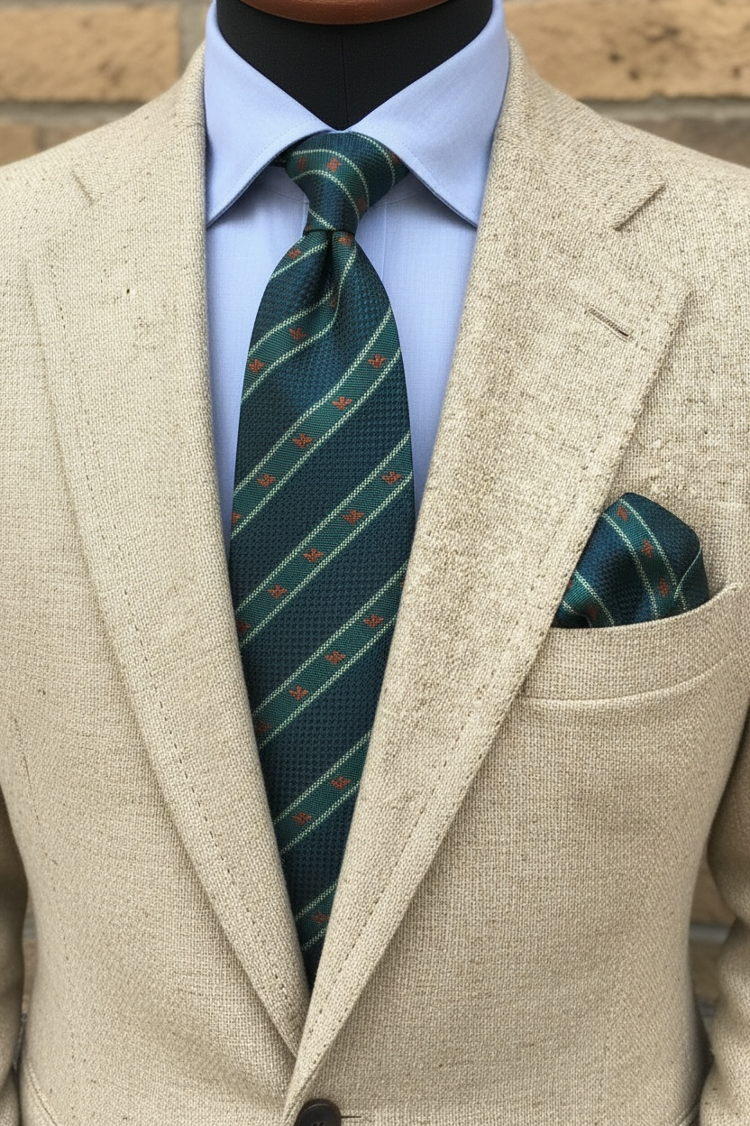 Pastel Yeşil Çizgili Gucci Tasarım Figürlü 8 cm İtalyan Micro Kravat – Özel Seri