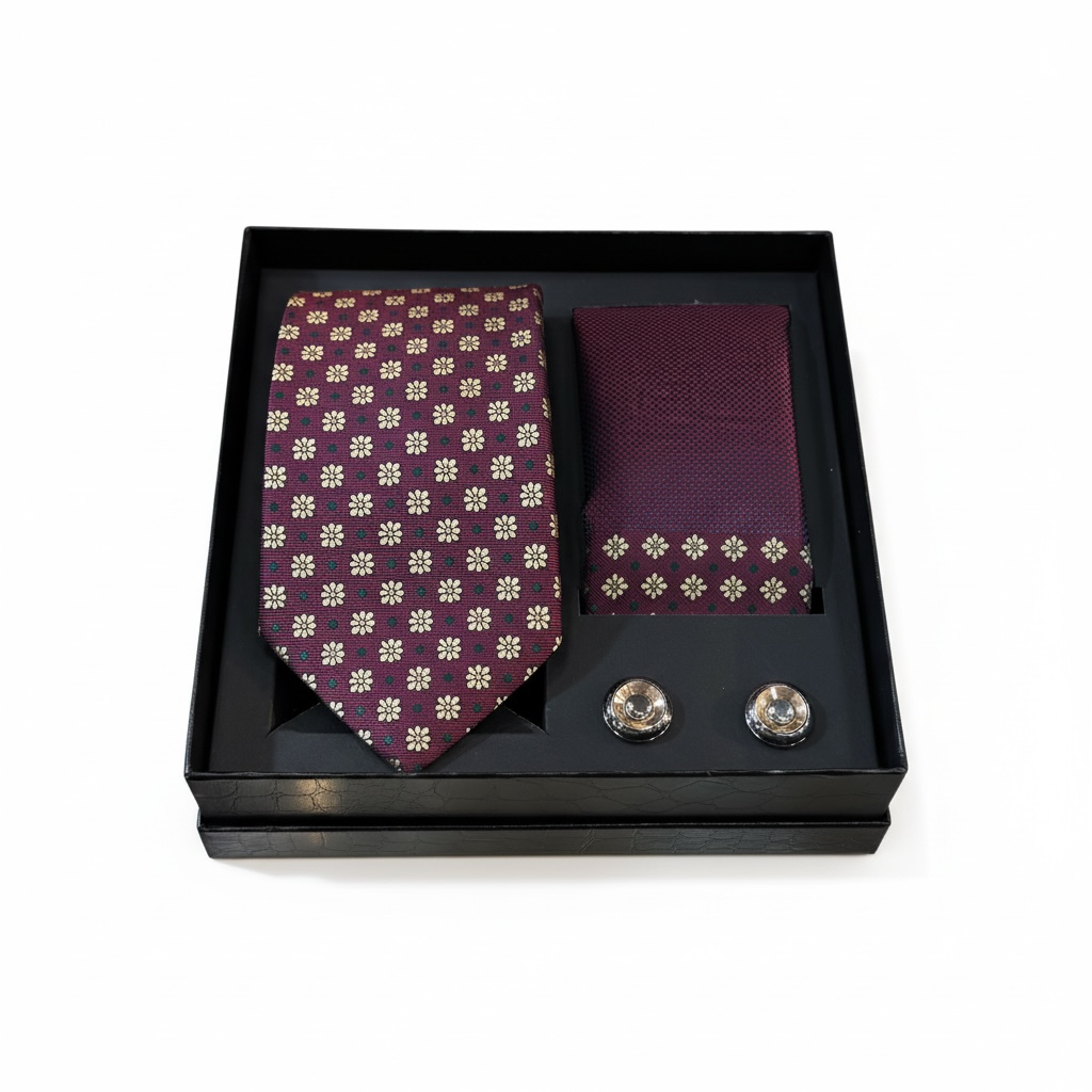 Premium Erkek Aksesuar Seti | Kravat – Mendil – Kol Düğmesi | Lüks Kutulu