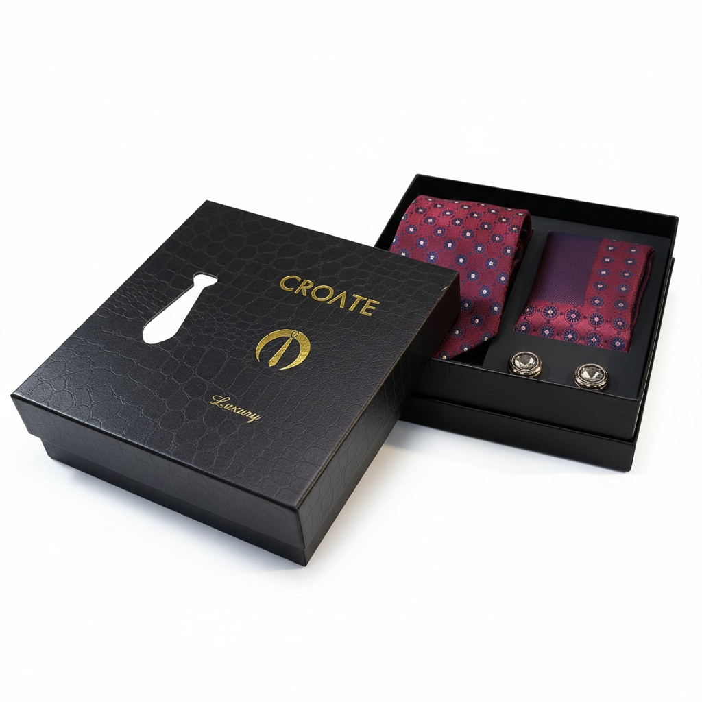 Premium Erkek Aksesuar Seti | Kravat – Mendil – Kol Düğmesi | Lüks Kutulu