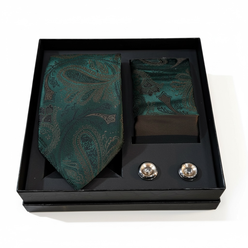 Premium Erkek Aksesuar Seti | Kravat – Mendil – Kol Düğmesi | Lüks Kutulu