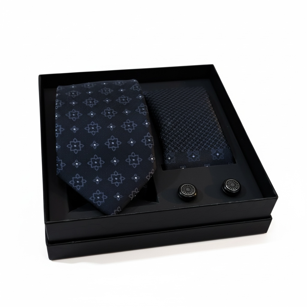 Premium Erkek Aksesuar Seti | Kravat – Mendil – Kol Düğmesi | Lüks Kutulu