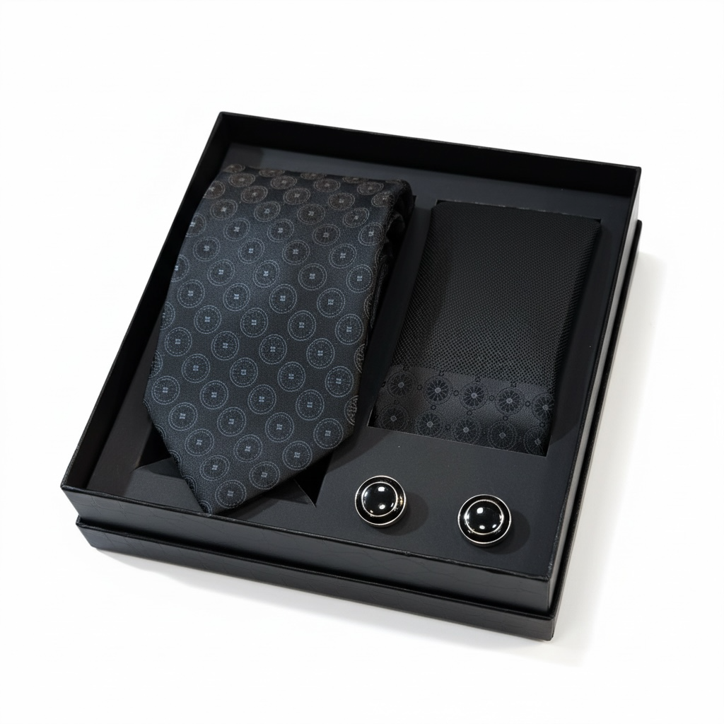 Premium Erkek Aksesuar Seti | Kravat – Mendil – Kol Düğmesi | Lüks Kutulu