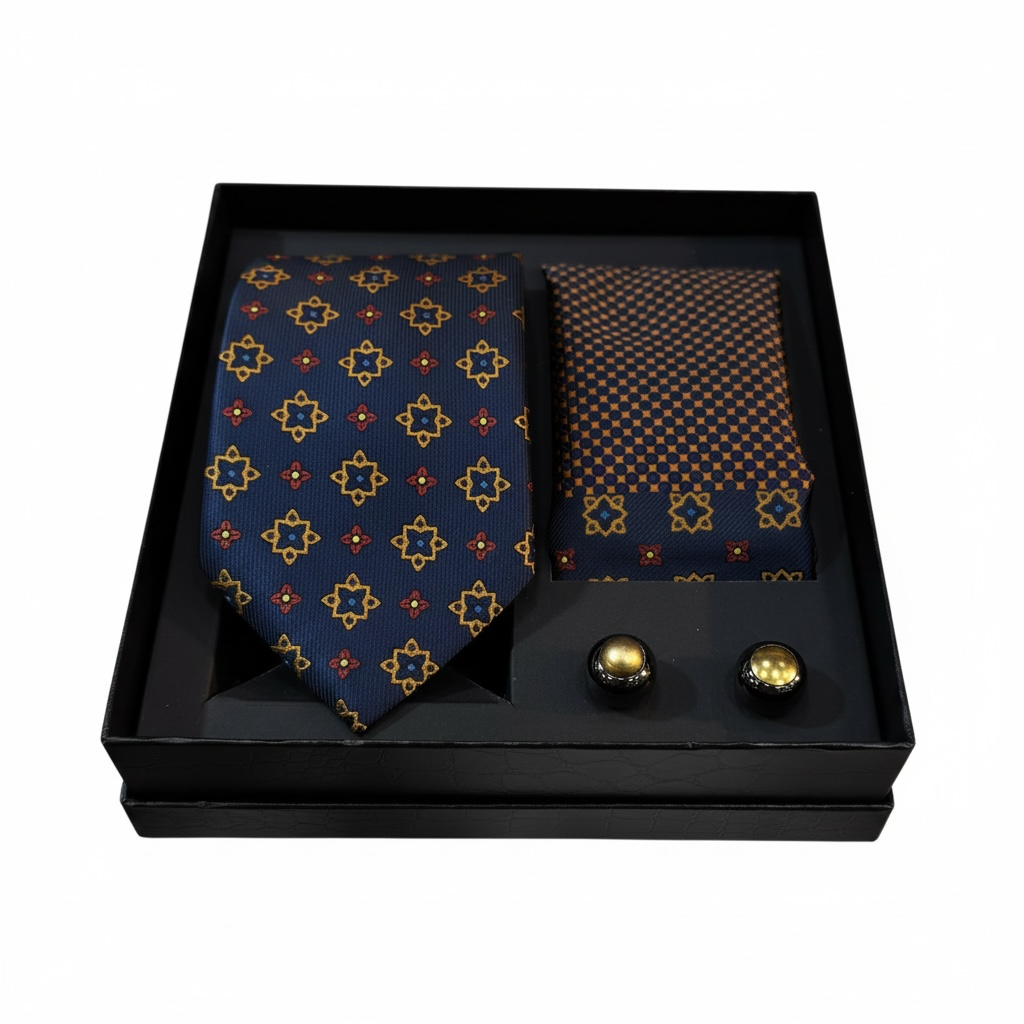 Lüks Kravat – Mendil – Kol Düğmesi Seti | Özel Kutulu