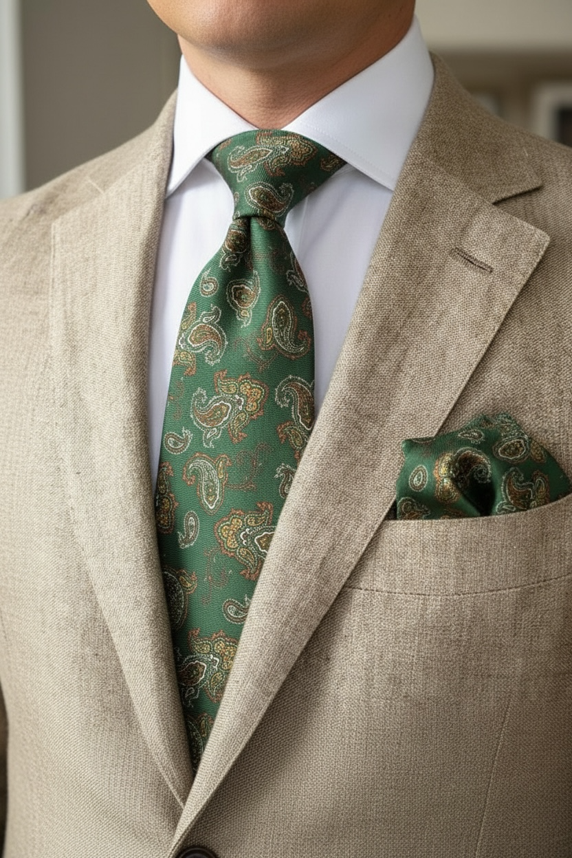 Pastel Yeşil Şal Desen Premium Art Silk Kravat