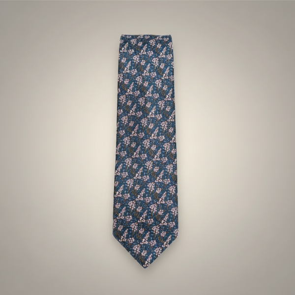 Mavi Çiçek Desen Premium Art Silk Kravat