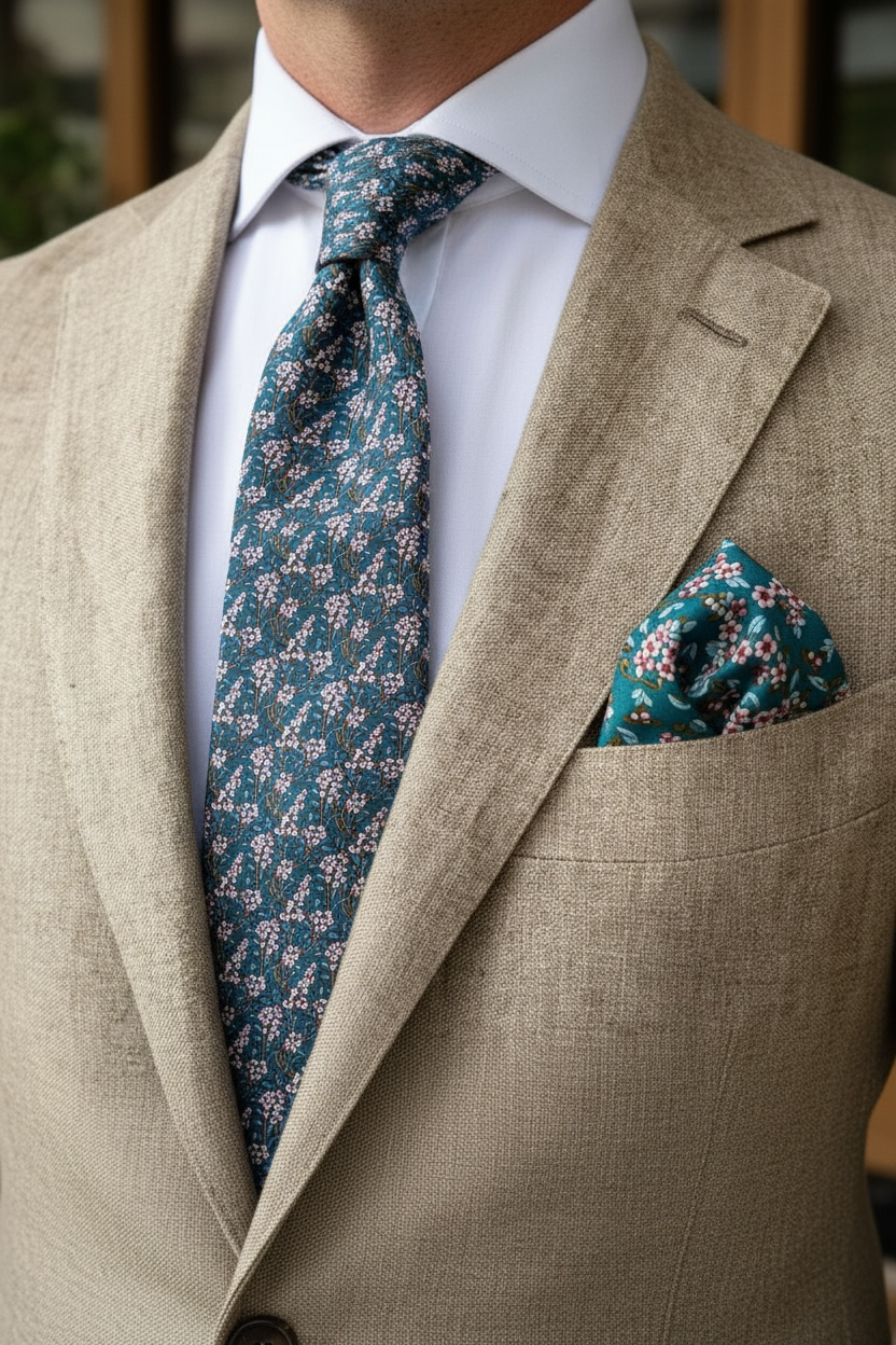 Mavi Çiçek Desen Premium Art Silk Kravat